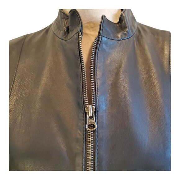 NINE WEST SZ L Soft Black Leather Zip-front Classic Tailored Jacket - Picture 3 of 10